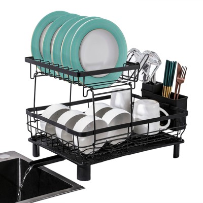 SKONYON 2-Tier Multi-Functional Dish Drying Rack Kitchen Dish Rack with Upgraded Drain Board