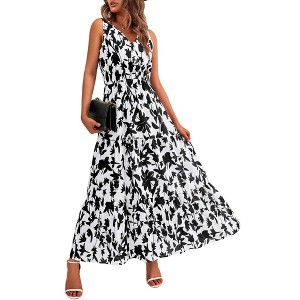 Womens Floral Sundress A-Line Sleeveless Highwaist Maxi Dress Flowy Faux Wrap Maxi Dress with Flounce Hem - 1 of 4