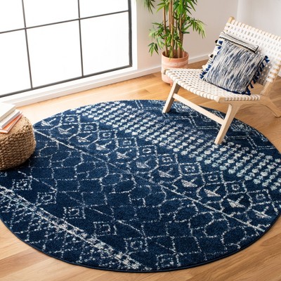 Hand-Knotted Navy/Ivory Synthetic 59" Round Area Rug