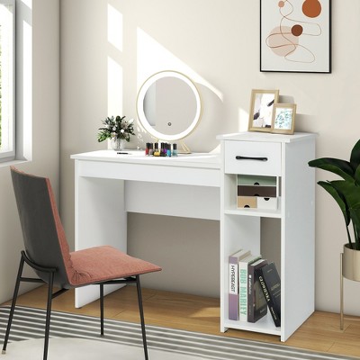 Elegant White Wooden Computer Desk with Drawer and Shelves