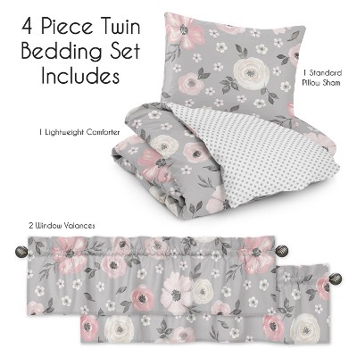 Gray and Pink Floral Microfiber Twin Comforter Bedding Set
