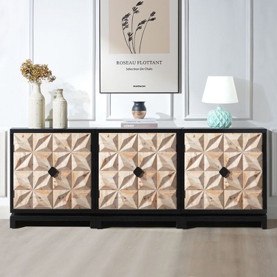 Vynxaria 3D Geometric Carved Double-Door Cabinet - Modern Manufactured Wood Storage Furniture for Stylish Decor