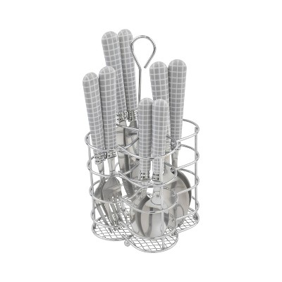 Geometric Grid Stainless Steel Flatware Set in Cool-Toned Gray and White