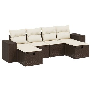 vidaXL Patio Sofa Set with Cushions Outdoor Furniture 6 Piece Poly Rattan - Brown and Cream without storage - 1 of 4