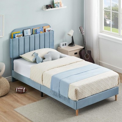 Twin Bed Frame with Storage Headboard Velvet Upholstered Platform Bedframe for Kids/Girl Bed Strong Wooden Slats Noise-Free Easy Assembly, Beige