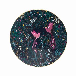 Sara Miller India Serving Plate - 9-Inch Fine China with 22-Carat Gold, Vibrant Blue Design Featuring Pink Hummingbirds - 1 of 4