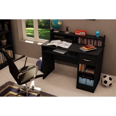 Pure Black Compact Computer Desk with Hutch and Keyboard Tray