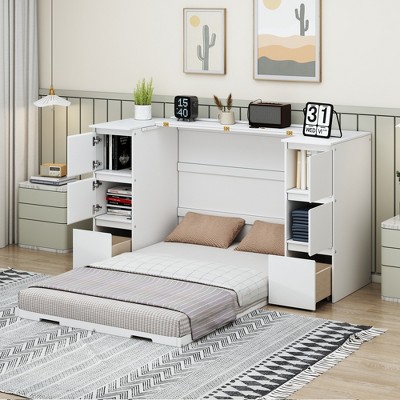 Whisen Modern Style Murphy Bed with Drawers, Cabinets, USB Ports and High Stools