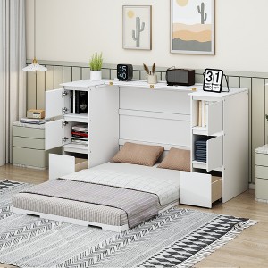 Full/Twin Size Wooden Murphy Bed Wall Bed with Drawers, Cabinets, USB Ports, and Stool 4S -ModernLuxe - 1 of 4