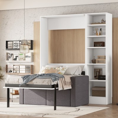 NicBex Twin Size Murphy Bed Wooden Frame Murphy Bed Cabinet Morden Hideaway Wall Bed with Storage Shelves and Sofa for Guest Room, White