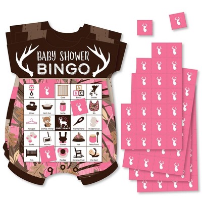 Big Dot of Happiness Pink Gone Hunting - Picture Bingo Cards and Markers - Deer Hunting Girl Camo Baby Shower Shaped Bingo Game - Set of 18