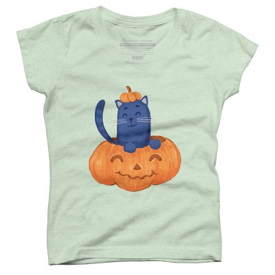 Girl's Design By Humans Halloween Cat In A Pumpkin By wubbadub T-Shirt