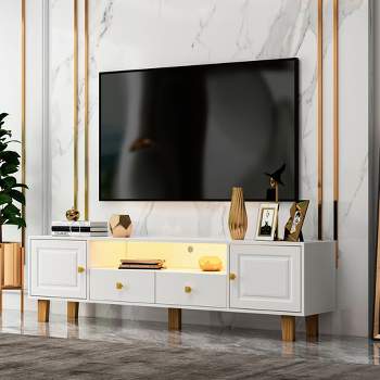 63" Elgant TV Stand with LED Light, 2 Drawers and Metal Handles, Media Entertainment Center for 69" TV, White 4A - ModernLuxe