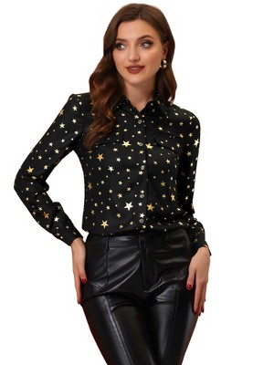 Allegra K Women's Metallic Gilding Shiny Long Sleeve Vintage Shirt Black  Small : Target