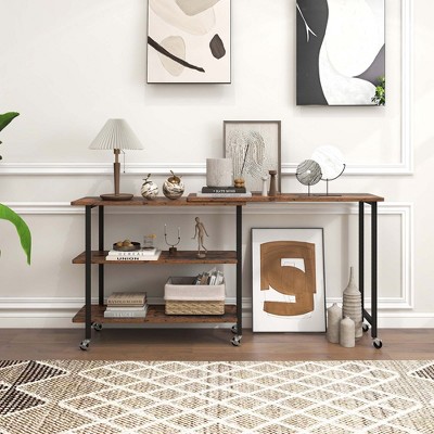 Rustic Brown Rotatable Sofa Side Table with Metal Frame
