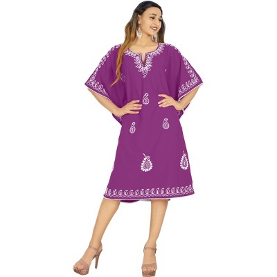 LA LEELA Women's House Daily Routine Evening Wear Solid Casual Relaxed Caftan Mini Cover Up Evening Dresses for Women Plus Size 2X-3X Purple, Solid