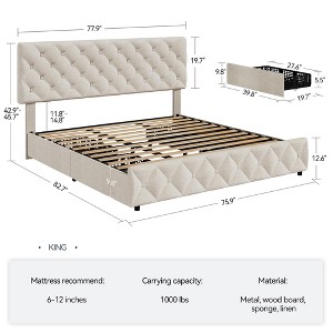 Linen Upholstered Platform Bed Frame with Adjustable Headboard and 4 Storage Drawers, Full Queen King Size, Diamond Stitched Button Tufted - 1 of 4