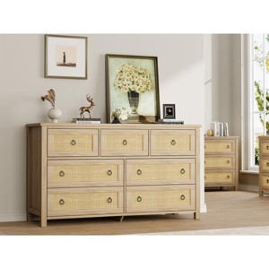Freestanding Rattan Cabinet Dresser with Anti-Tip Design and Storage Drawer, Wooden Closet Dressers Chest for Bedroom, Living Room, Natural Wood - 1 of 4