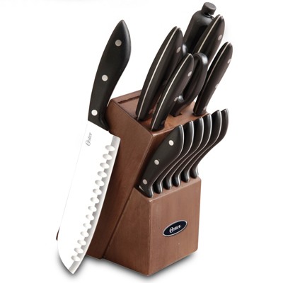 Oster Lingbergh 14 Piece Stainless Steel Cutlery Knife Set with Pine Wood  Block
