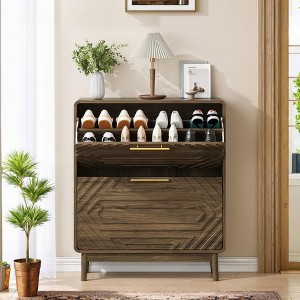 KWPZQEB Shoe Cabinet with 2 Flip Drawers, Hidden Wood Shoe Cabinet, Freestanding Shoe Storage Cabinet for Entryway Hallway, Walnut - 1 of 4