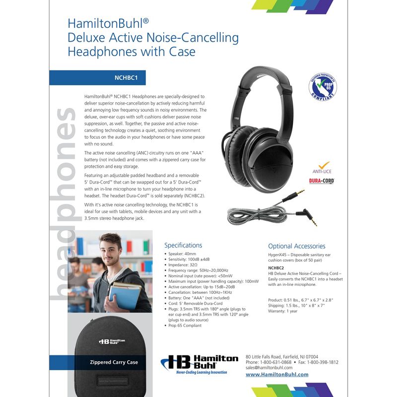 HamiltonBuhl Deluxe Active Noise-Cancelling Headphones with Case, 4 of 7