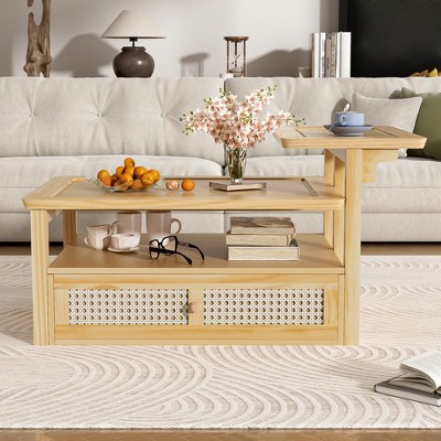 Modern Coffee Table with Storage, Rectangle Center Table with Drawers & Open Shelf, Accent Cocktail End Table for Living Room Bedroom Office