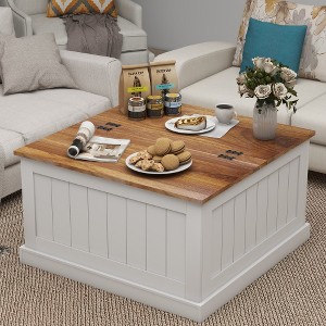 LIVAREEmlen 31.5" Farmhouse Coffee Table, Square Wood Center Table with Hinged Lift Top and Large Hidden Storage Compartmen for Living Room-White - 1 of 4