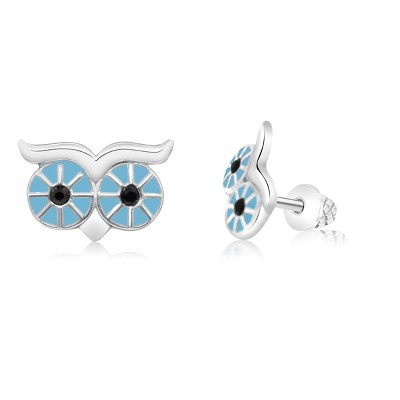 Chanteur Hypoallergenic Kids Jewelry Accessories Owl Blue Enamel White Gold Palladium Plating Stud Earrings Surgical Titanium Posts