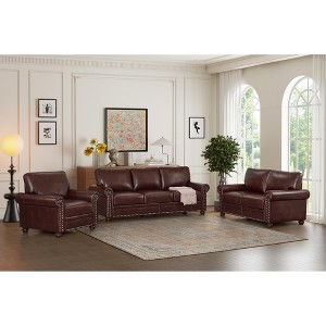 PU Leather Sofa with Nailhead Trim, Rolled Arms, and Rubber Wood Legs – Classic Upholstered Sofa Couch for Living Room - HABITRIO - 1 of 4