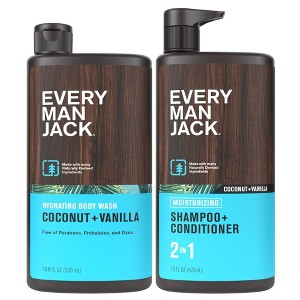 Every Man Jack Men's Coconut + Vanilla 16 fl oz 2-in-1 Shampoo and Conditioner + 16.9 fl oz Body Wash - 1 of 4