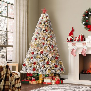 Flocked Christmas Tree, Pre-Lit Artificial Tree with Warm White Lights, Hinged Branches Easy Setup Holiday Decor - 1 of 4