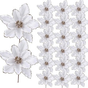 Christmas Decorations, Artificial Christmas Flowers 20 Pcs 6.3 in Red - Glitter Velvet Magnolia with Stem - 1 of 4