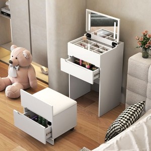 Okak 3-IN-1 Vanity Desk with Visible Glass Desktop and Flip Top Mirror, Makeup Vanity with 3 Drawers and 1 Stool, Compact Vanity for Bedroom, White - 1 of 4