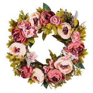 Artificial Decorative Wreath 19 in Pink Peonies Hydrangeas Year Round Wreath - 1 of 4