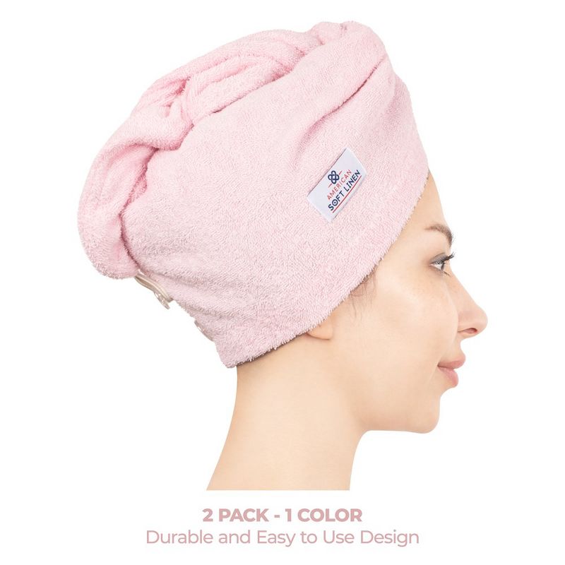 American Soft Linen 100% Cotton Hair Drying Towels for Women, 2 Pack Head Towel Cap, Cotton Hair Turban Towel Wrap, 2 of 8