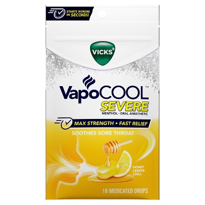 Vicks VapoCOOL Severe Sore Throat Drops, Honey Lemon Chill Flavor, 45ct