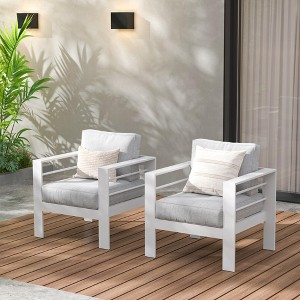 Heynemo Patio Furniture Metal Armchair,2 PCS All-Weather Aluminum Garden Outdoor Contemporary Sofa Chair (White) with Cushions (Light Grey) - 1 of 4