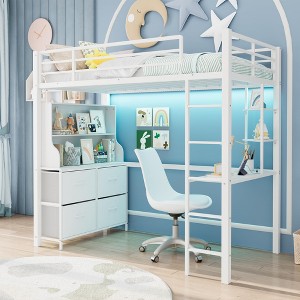 Twin Size Loft Bed with Desk, 4 Large Fabric Drawers and Open Shelves, Heavy Duty Metal Loft Bed, Power Outlets, Safety Guardrails & Ladder - 1 of 4