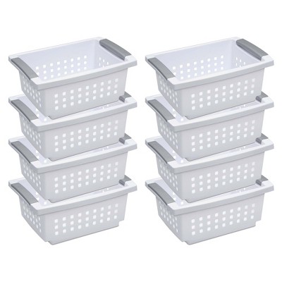 Sterilite Small Plastic Stacking Storage Basket Container Totes w/ Comfort Grip Handles and Flip Down Rails for Household Organization, White, 8 Pack