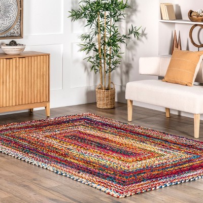 Handmade Bohemian Braided Cotton Square Area Rug - Multi