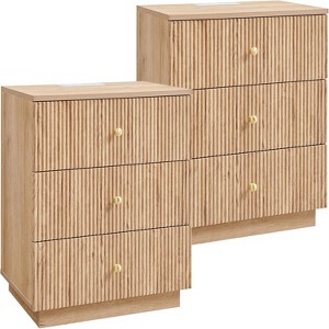 SinCiDo Fluted Nightstand with Charging Station, 21.65" Wide Modern Wood Bedside Table w/3 Storage Drawers for Bedroom, Living Room - 1 of 4
