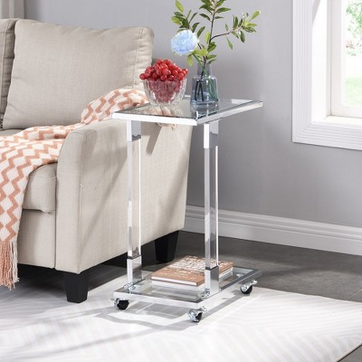 LOVMOR Side Table, Acrylic Sofa Table, Glass Top C Shape Square Table with Metal Base for Living Room, Bedroom