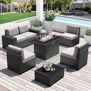LayinSun 7 Pieces Outdoor Patio Furniture Set with 44" Fire Pit Table Rattan Sectional Sofa Conversation Sets - 1 of 4