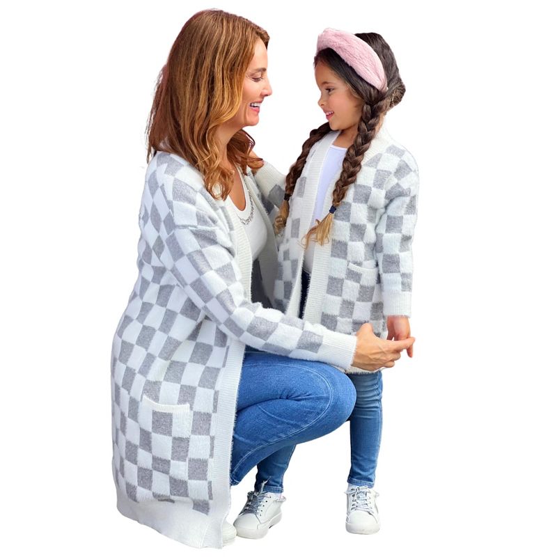 Girls Mommy & Me Twin Styles Grey Checkered Open Cardigan - Mia Belle Girls, 2 of 7