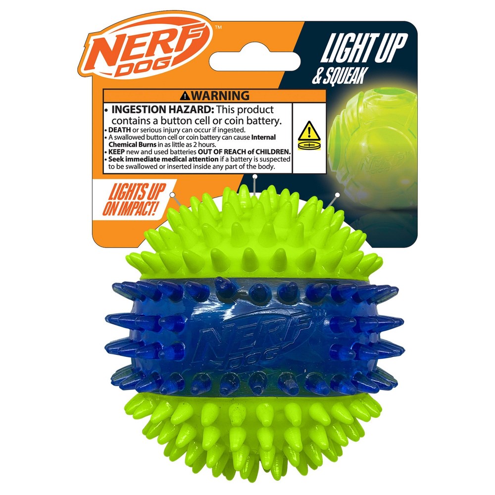 NERF Translucent 3-Part Spike LED and Squeak Dog Ball Toy - Blue/Green