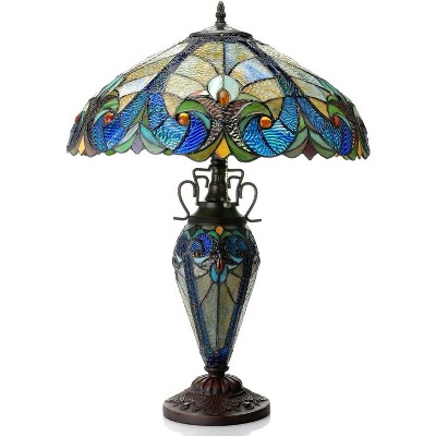 Victorian Double-Lit 18" Bronze Stained Glass Table Lamp