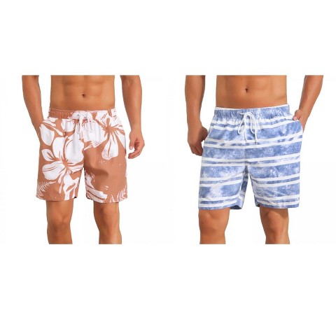 INSPIRE CHIC Men's Contrast Pattern Drawstring Summer Beach Shorts 2 Packs 1 Blue 1 Light Orange 36