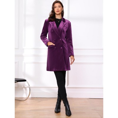 Женские куртки Allegra K Women's Velvet Lapel Double Breasted Long Outerwear Winter Coats Small Purple — фото 4