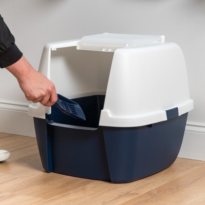 Navy and White Jumbo Enclosed Hooded Cat Litter Box with Scoop