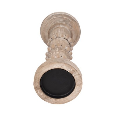 Ivory Distressed Wood Pillar Candle Holder with Beads